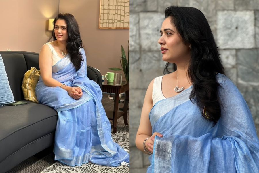 Girija Oak Godbole in her blue saree